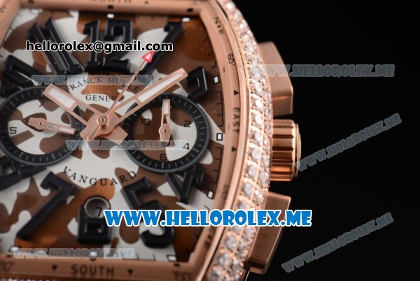 Franck Muller Vanguard Miyota OS20 Quartz Rose Gold Case with Brown/White Dial Brown Leather Strap Arabic Numeral Markers and Diamonds Bezel - Click Image to Close